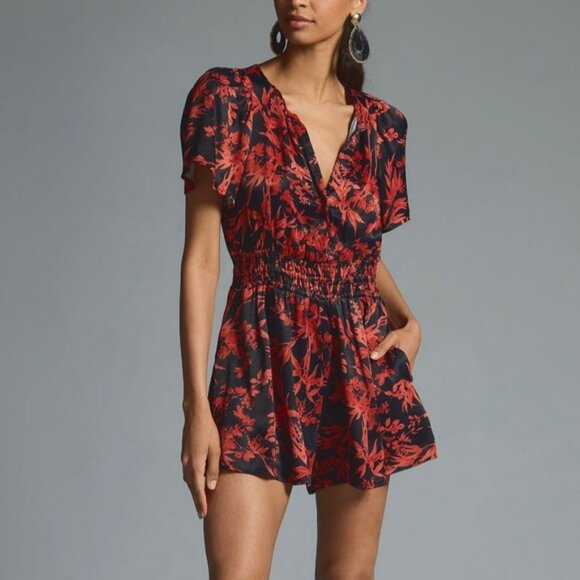 Anthropologie Somerset Romper Red Black Carbon Flowing One Piece S NWT